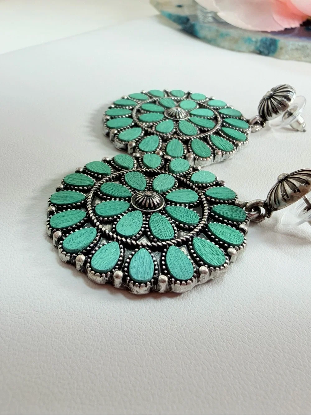 Teal Floral Medallion Drop Earrings - Women Jewelry